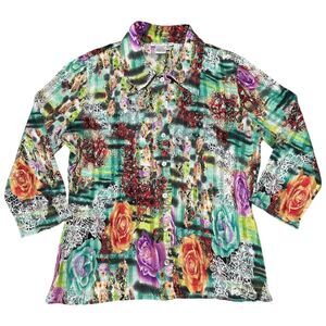 Alberto Makali Multicolor Sequin Stretchy Button Up Blouse, Large